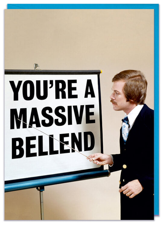A greeting card with a retro picture of a businessman pointing at a whiteboard