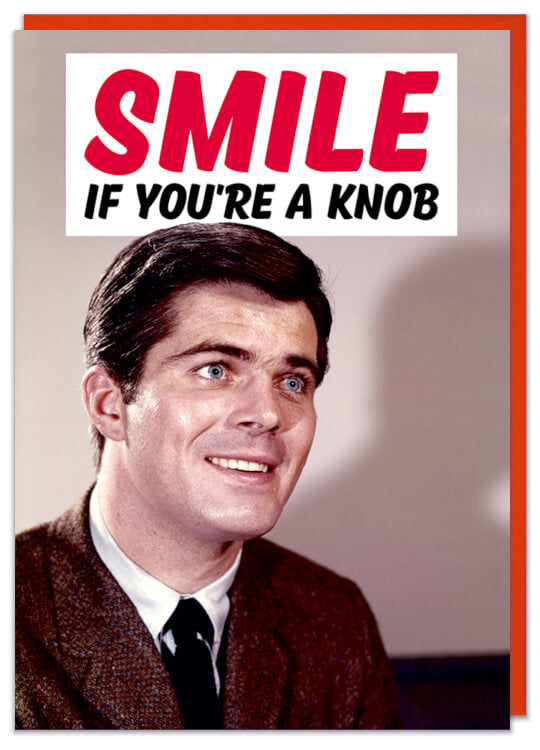 A greeting card with a retro picture of a blank faced smiling man