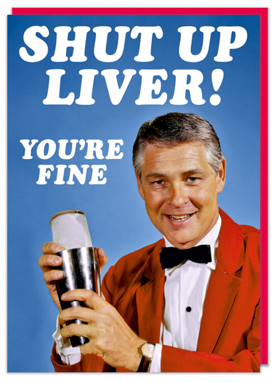 A greeting card with a retro picture of a red jacketed barman with a cocktail shaker