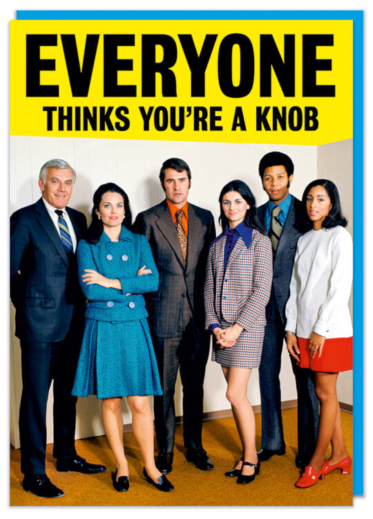A greeting card with a 1970s picture of smiling work colleagues all in a row