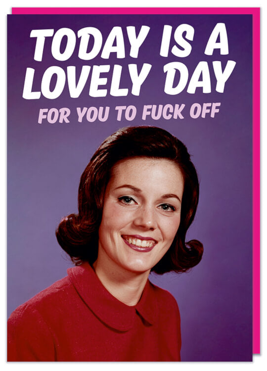 A greeting card with a 1960s picture of a smiling woman in a red shirt and beehive hair