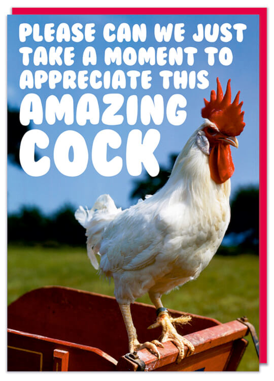 A birthday card with a photo of a proud cockerel standing on a post box