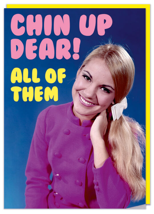 A greeting card with a 1960s picture of a sassy looking woman with long hair