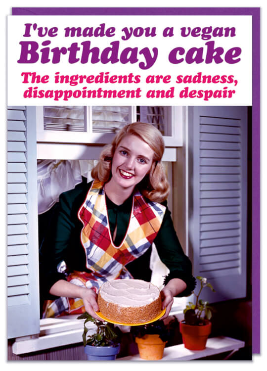 A birthday card with with a 1950s style picture of a housewife leaning out of a window holding a cake