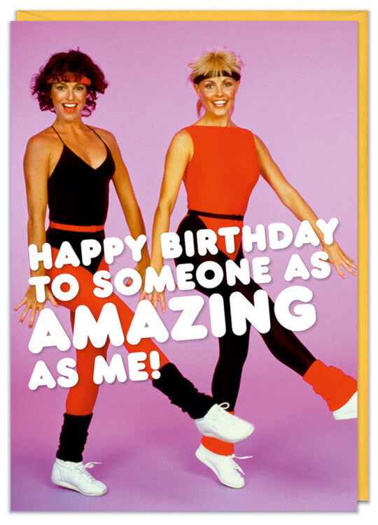 A funny birthday card with two retro women in leotards and ankle warmers