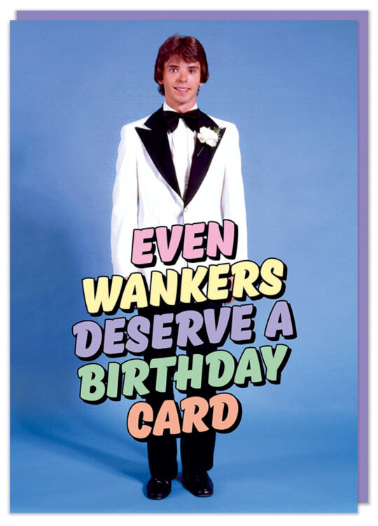 A birthday card with a smiling young man in a 1970s white tuxedo