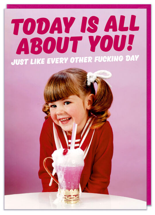 A funny birthday card with retro picture of a young girl with a sundae