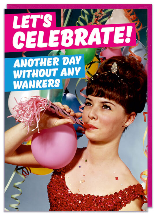 A greeting card with a picture of a 1960s woman blowing a streamer surrounded by balloons