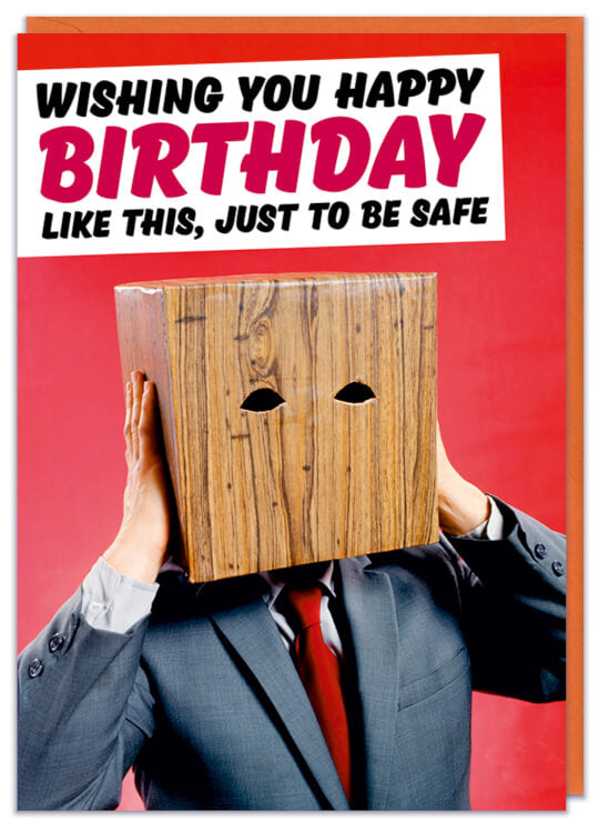 A birthday card featuring a man with a cardboard box on his head
