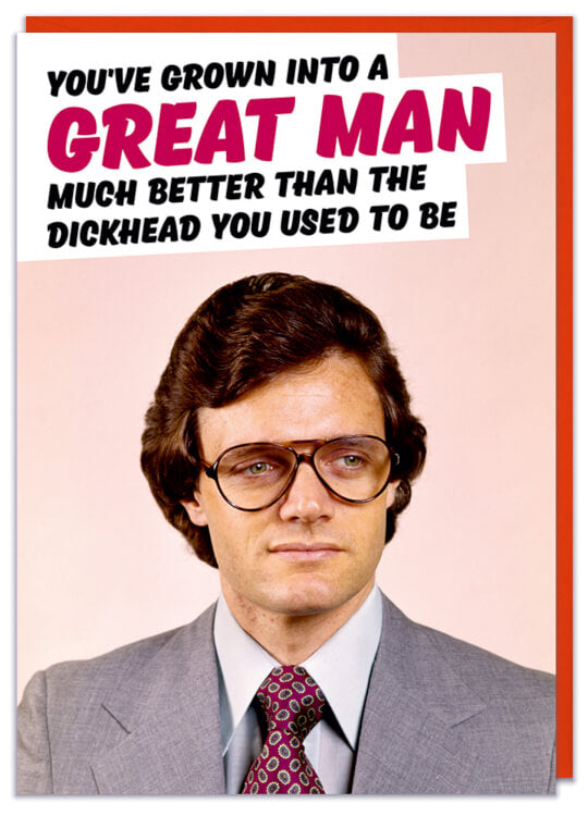 A greeting card with a picture of an intense looking business man with big glasses