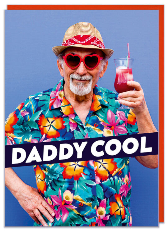 A Fathers Day card with a picture of a cool old guy in an floral shirt