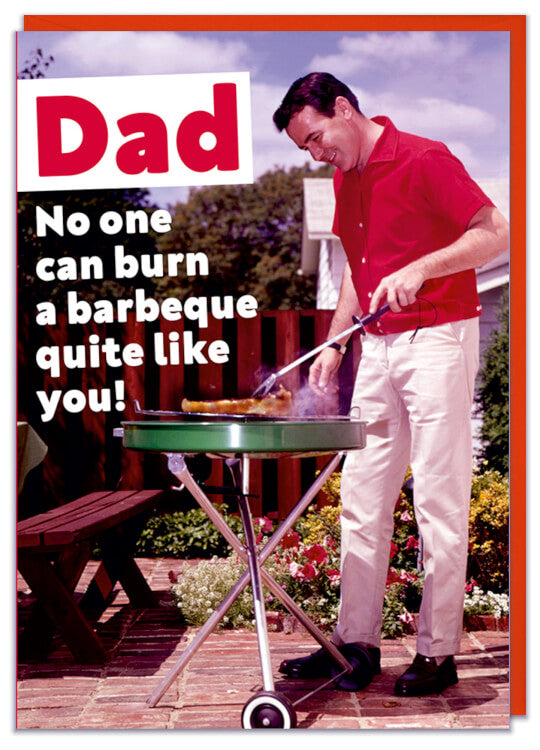 A funny Fathers Day card with a retro picture of a dad standing at a barbeque