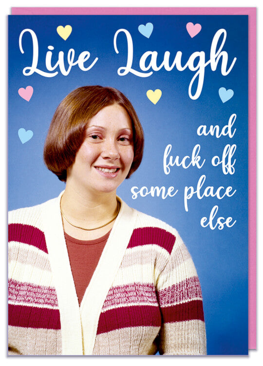 A funny greeting card with a smiling retro woman