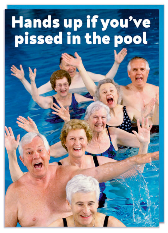 A funny greeting card with a photo of old people in a swimming pool
