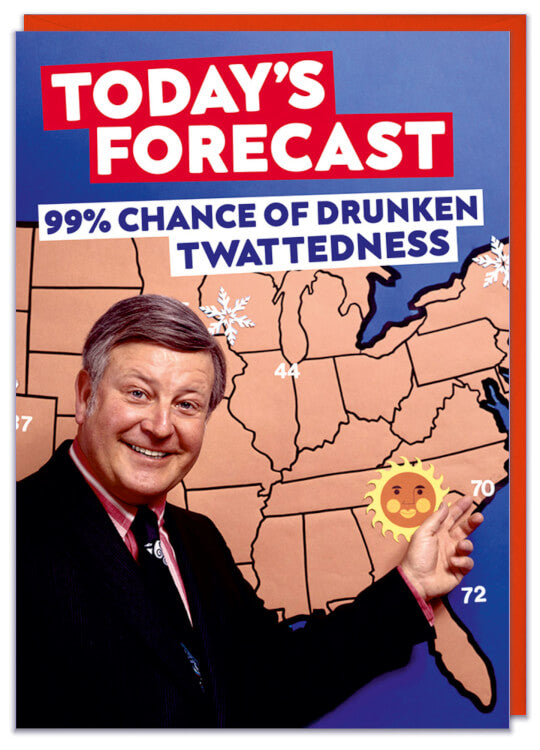 A birthday card with a 1960s picture of a weather presenter smiling to camera in front of a map