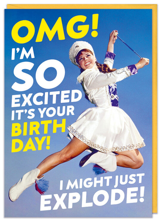 A birthday card with a retro picture of a cheerleader dressed all in white jumping excitedly into the air