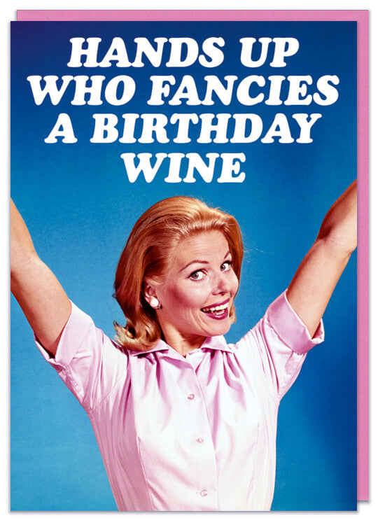 A birthday card with a 1960s picture of a smiling blonde woman holding her hands up against a blue background