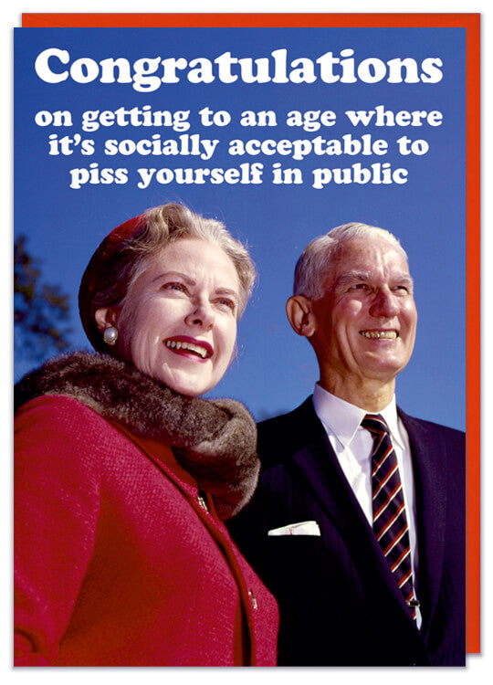A birthday card with retro picture of a smiling elderly couple looking into the distance