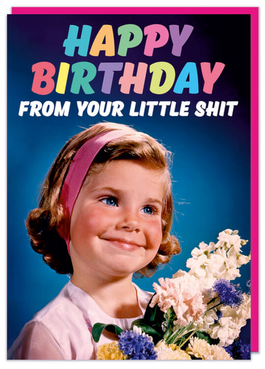 A birthday card with a retro picture of a sweet looking little girl holding a bunch of flowers