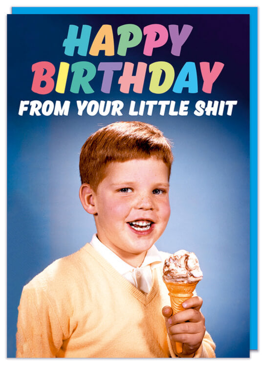 A birthday card with a retro picture of a sweet looking little boy holding an ice cream cone