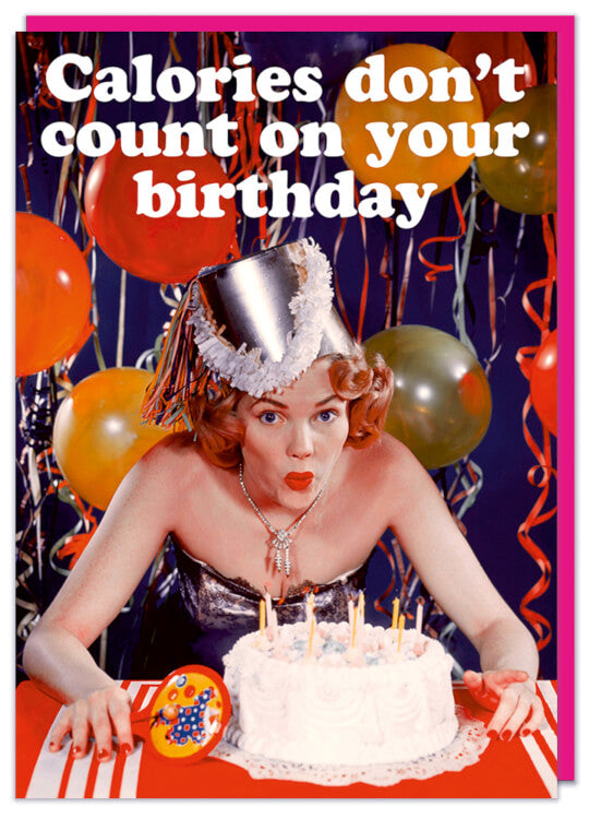 A birthday card with a vintage picture of a young woman in a fancy dress and wearing a party hat blowing on a birthday cake candles whilst surrounded by balloons and streamers