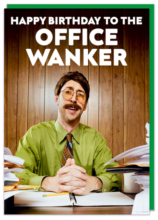 A birthday card with a retro photo of a smiling man with glasses, a moustache and lurid green shirt sitting at a work desk