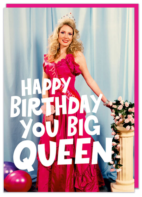 A birthday card with a retro photo of a smiling teenager dressed a bright red prom dress