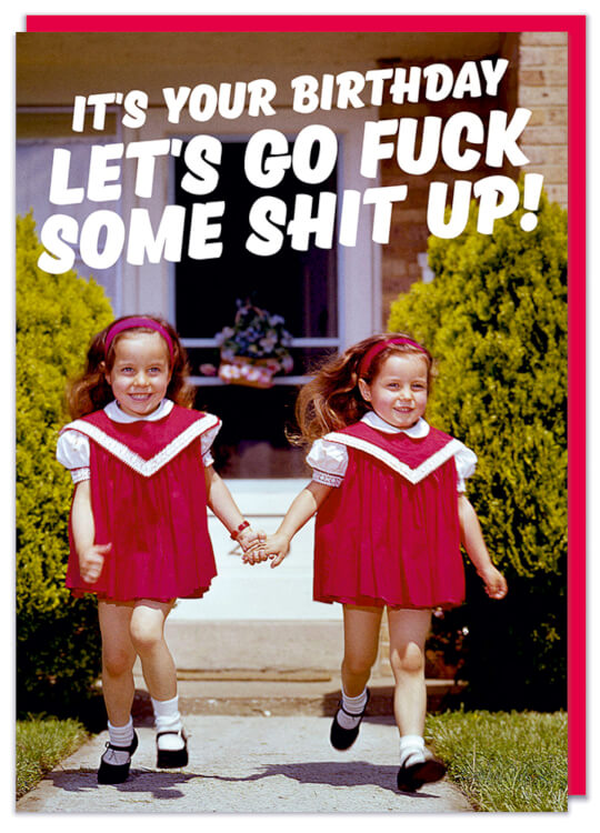 A birthday card with a retro of two child twins in identical red dresses running out of their suburban house
