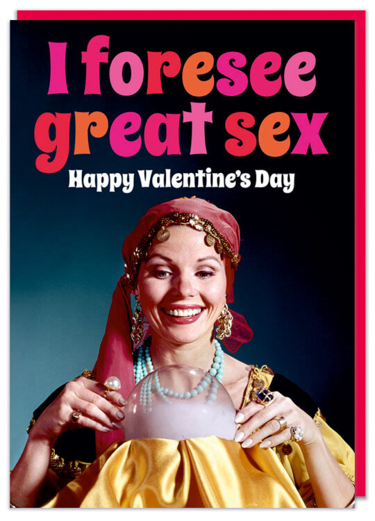 A funny Valentine's Day card featuring a retro picture of a smiling woman dressed a fortune teller gazing at a crystal ball