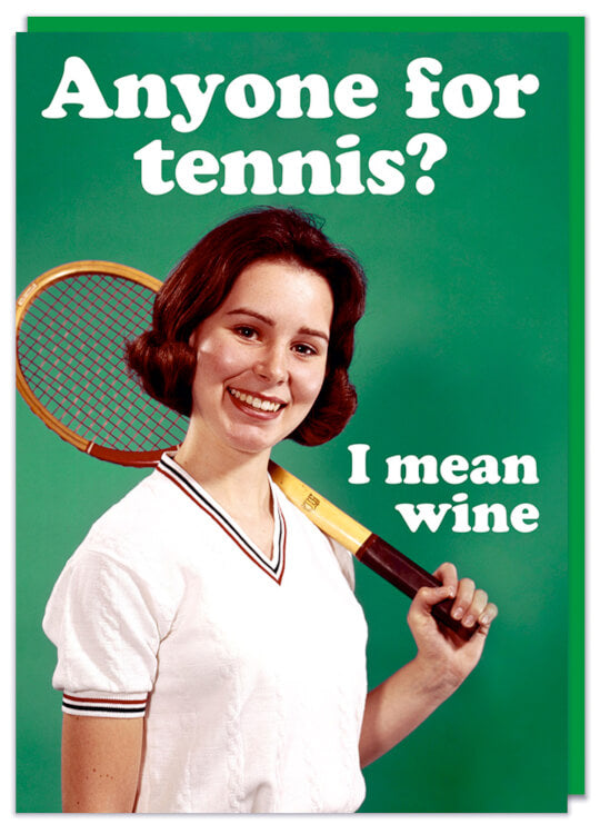 A funny retro birthday card featuring a smiling young woman holding a tennis racket and smiling to the camera
