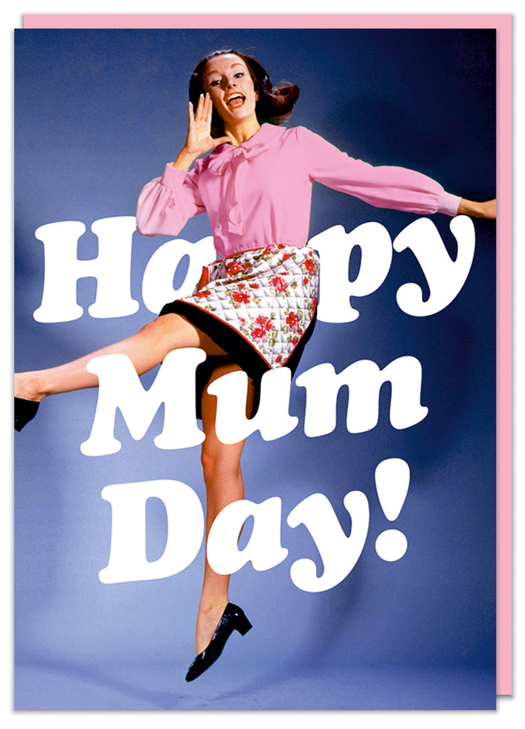 A funny card featuring a retro picture of an excited housewife jumping for joy