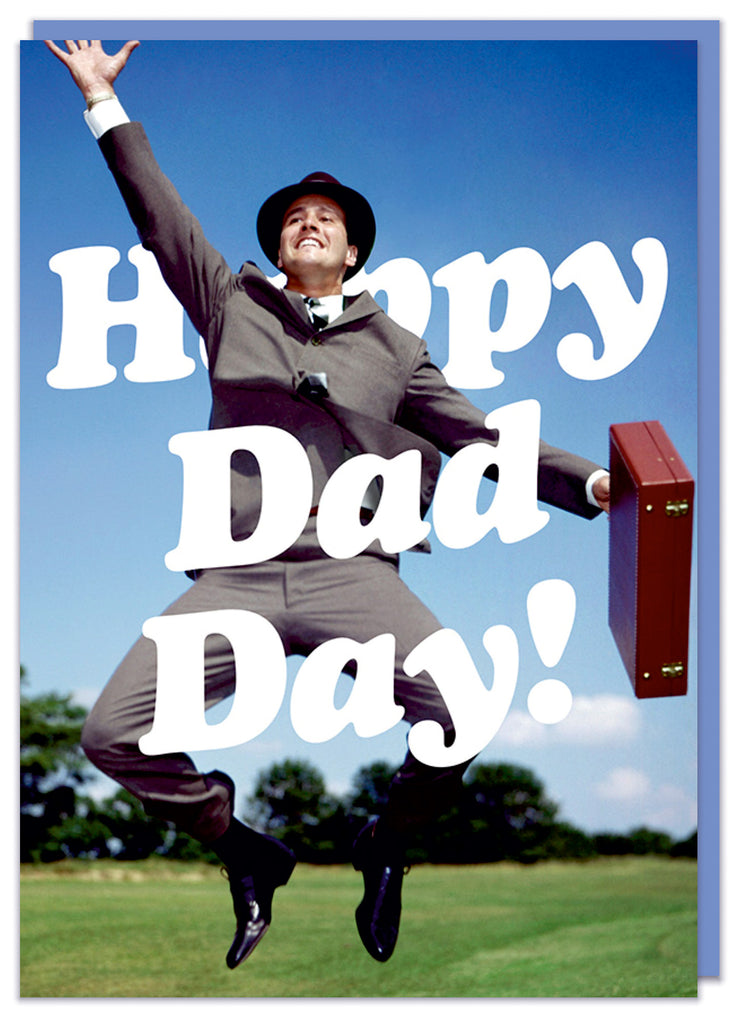 A funny card featuring a retro picture of an excited businessman jumping for joy holding a briefcase