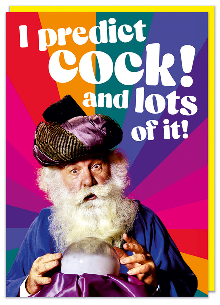 A funny card featuring a retro picture of a wise bearded old man with his hands over a crystal ball in front of a rainbow background