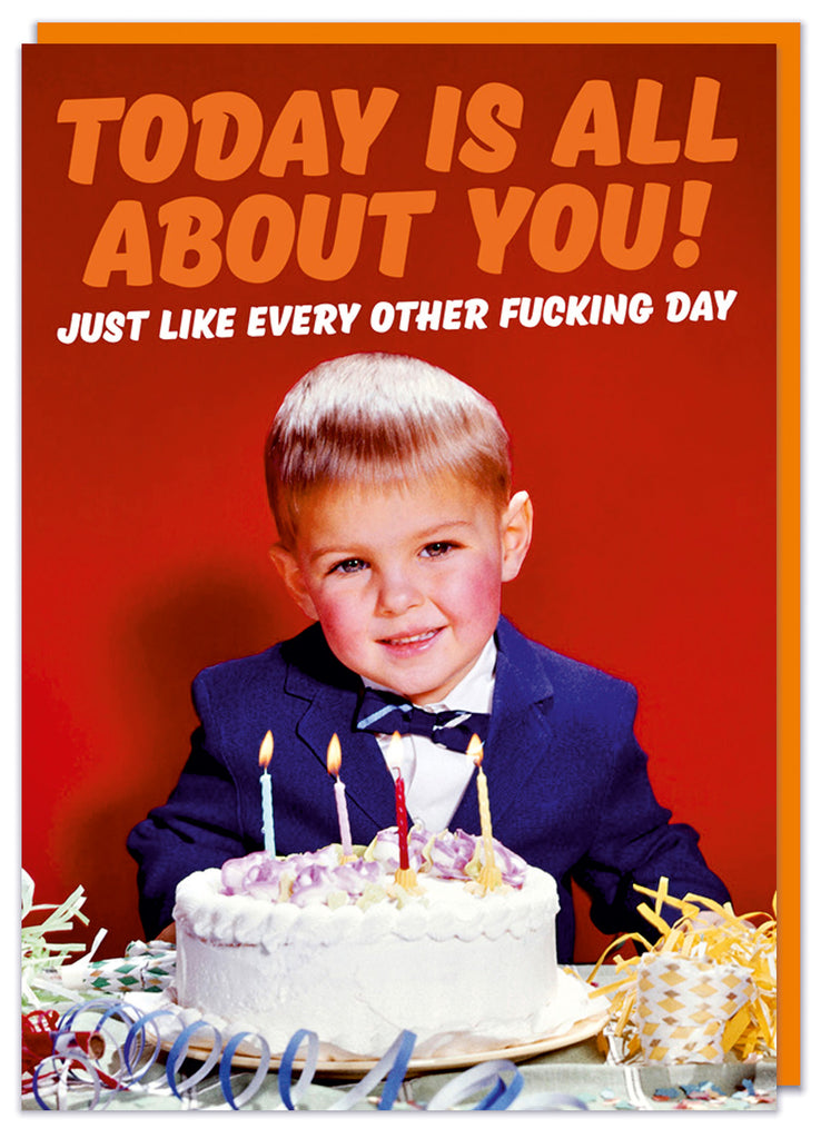 A birthday card with a 1960s picture of smiling young boy sitting in front of a birthday cake