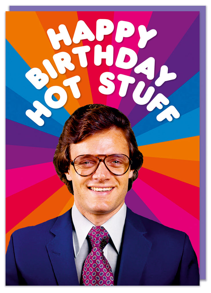 A funny birthday card featuring a retro picture of a middle aged man with glasses and a suit standing in front of a bold colour pattern
