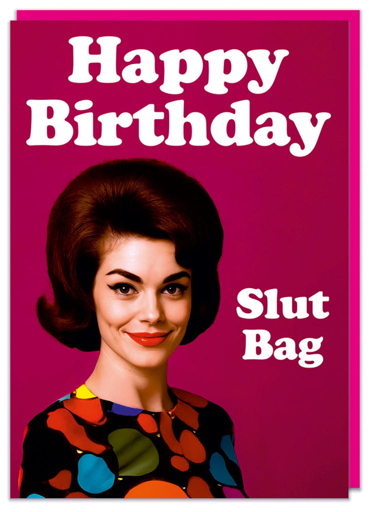 A funny birthday card featuring a retro picture of a smart woman smiling to camera in a stylish top against a deep red background