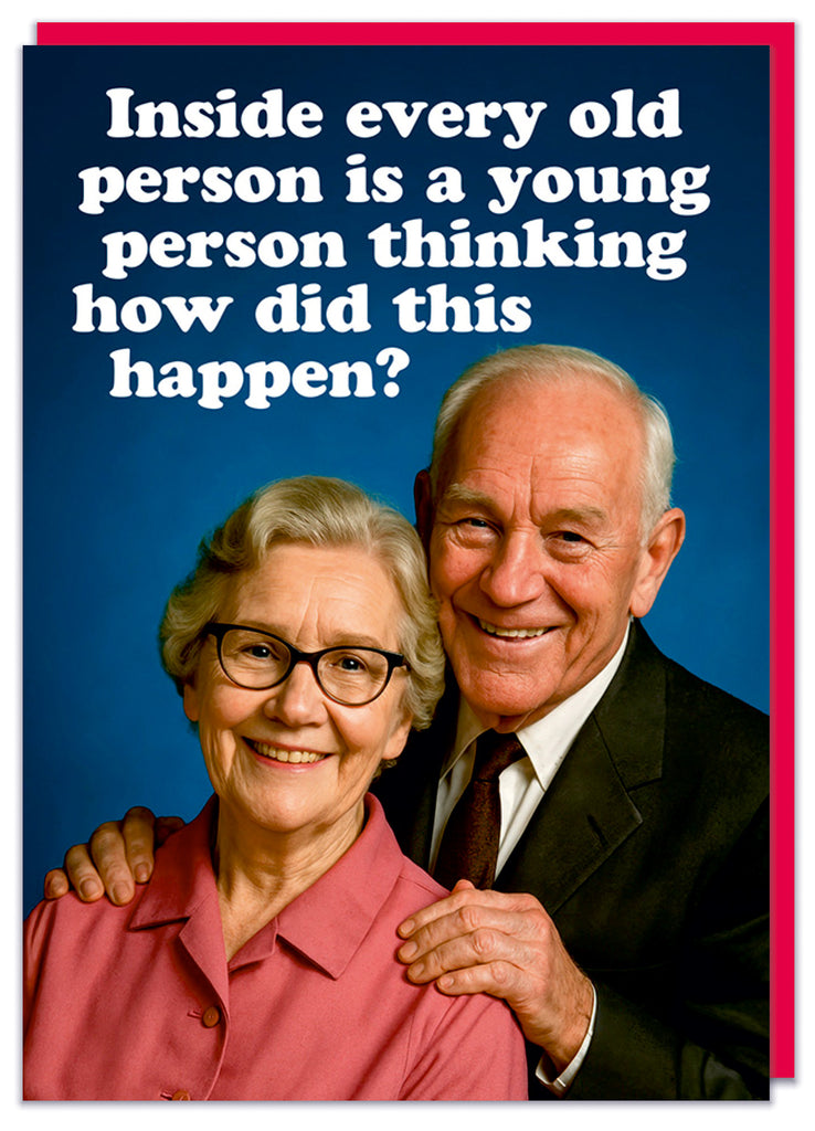 A funny birthday card featuring a 1960s photos of a smiling pensioner couple looking to the camera