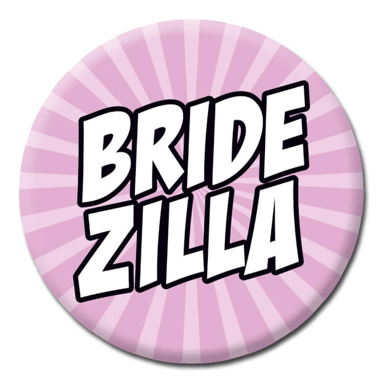 A light and dark starburst pattern pink badge with bold white text outlined in black that reads Bridezilla