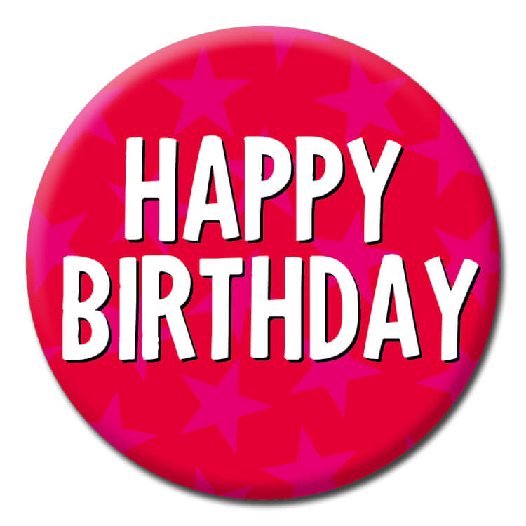 A bright red badge with tall white capitalised text that reads Happy Birthday