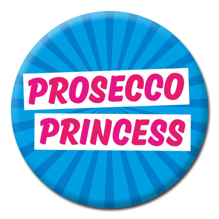 A blue badge with text reading Prosecco princess