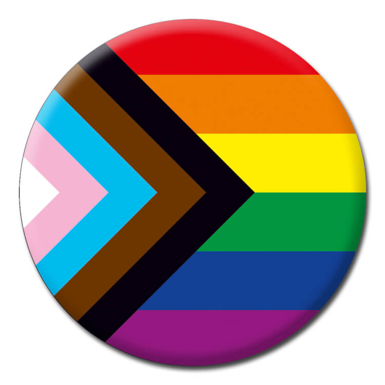 This badge has the pattern of the progress pride flag