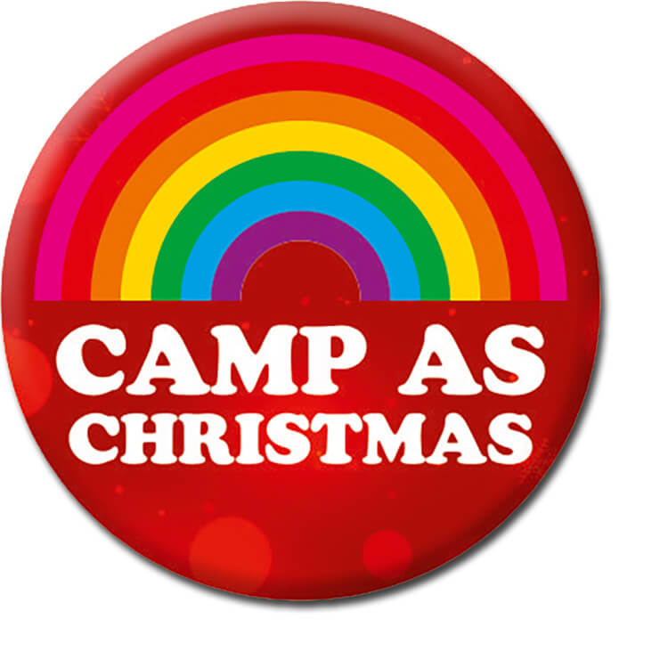 A red Christmas badge with a half rainbow patter and underneath rounded white text reads Camp and Christmas