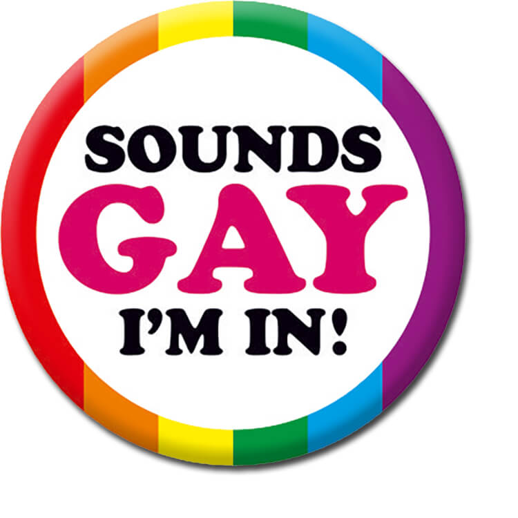 A rainbow striped badge with a shite circle in the middle. Black and pink rounded text in the circle reads Sounds gay, I'm in!