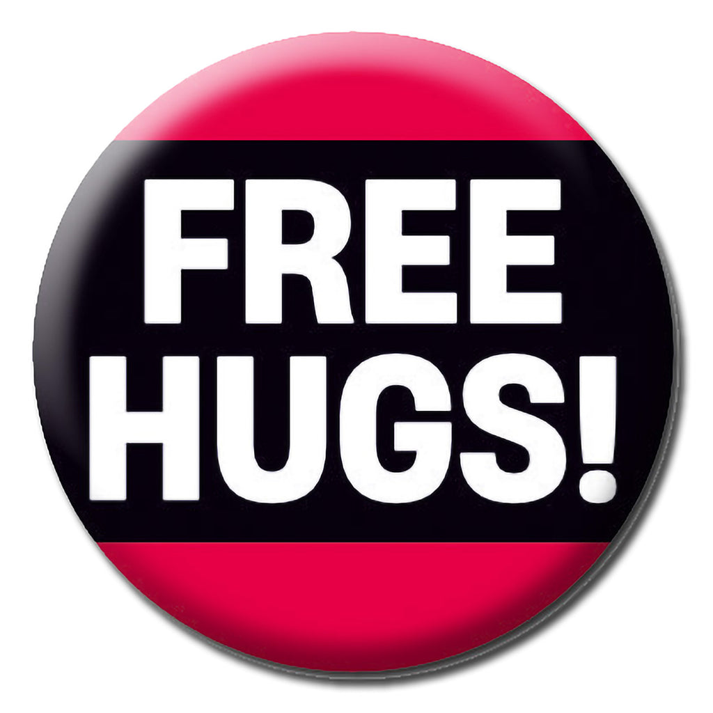 A red badge with a black band in the middle with white text that reads Free hugs