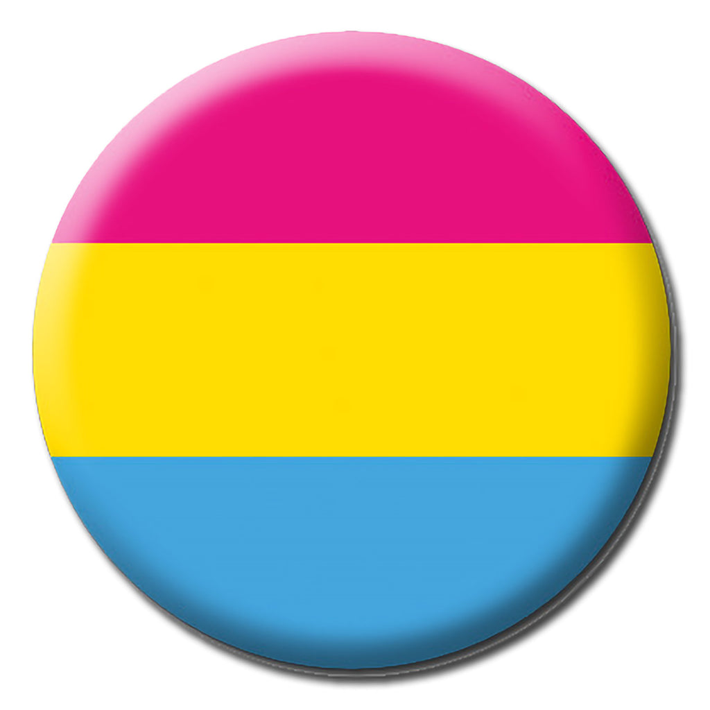 A badge with the pansexual pride colours of pink, yellow and blue