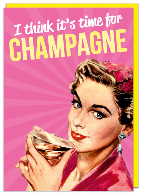 A striped card in alternating shades of pink with a vintage style drawing of an elegant woman drinking champagne