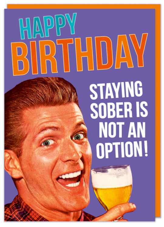 A purple birthday card with a retro style photo of a very happy man holding up a beer