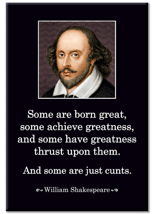 A black fridge magnet with a picture of William Shakespeare with a white border at the top