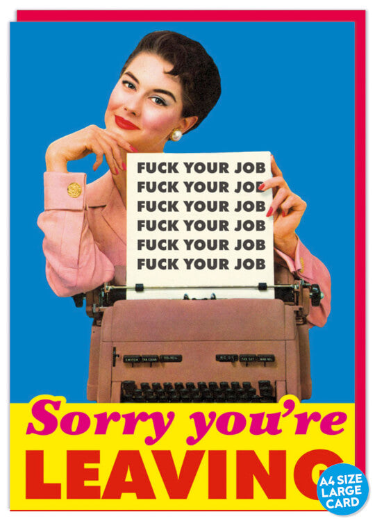 A large bright blue card with a retro-style photo of a woman at a typewriter