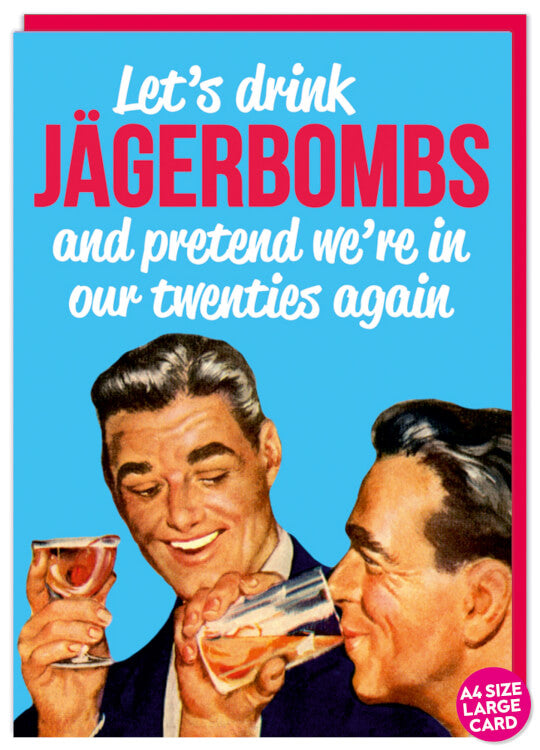 A large light blue card with a retro-style drawing of two men drinking alcohol